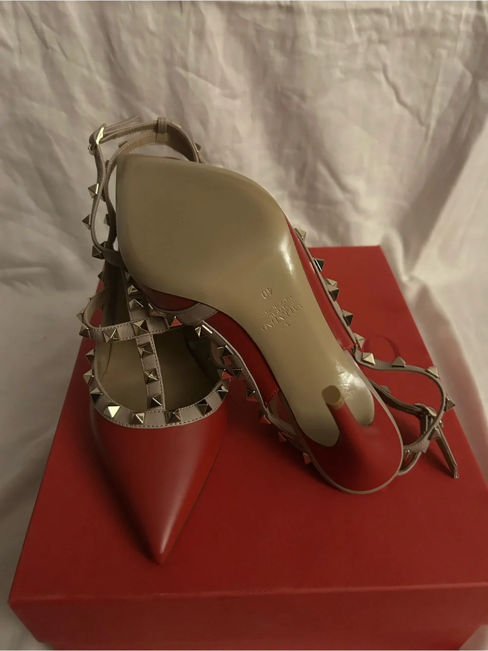 Valentino Red Patent Leather Rockstud T-Strap Pump with Nude Straps